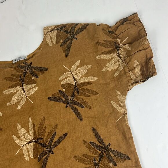 Elena Baldi DragonFly 100% Linen Mustard Yellow Ruffle Sleeve Blouse Small - Picture 9 of 14